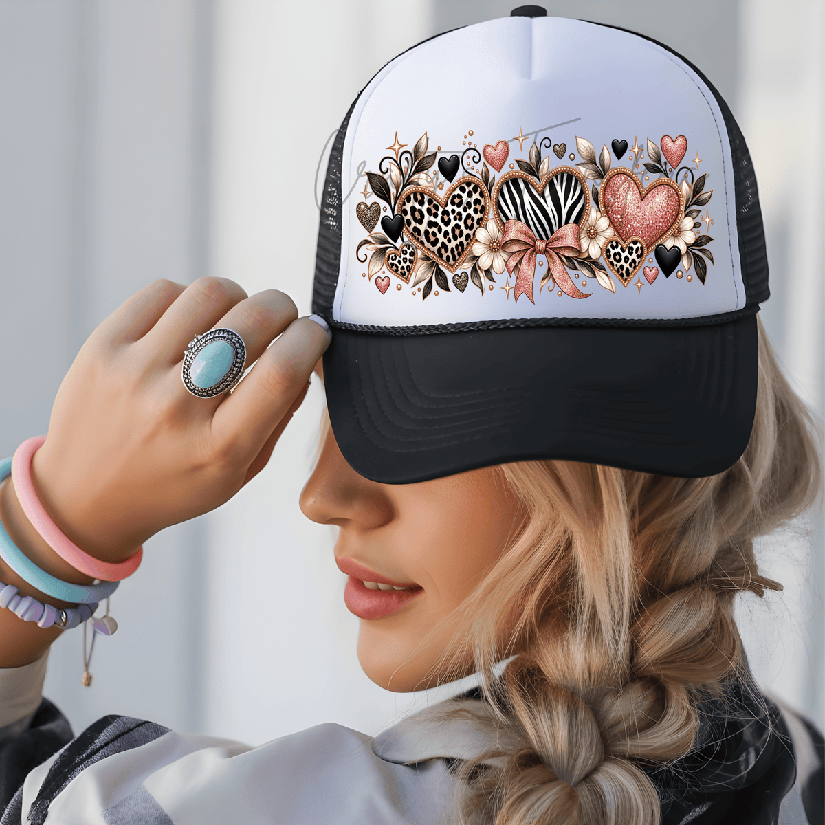 Pink Leopard & Zebra Hearts DTF Transfer – Coquette Bow Animal Print Floral Design