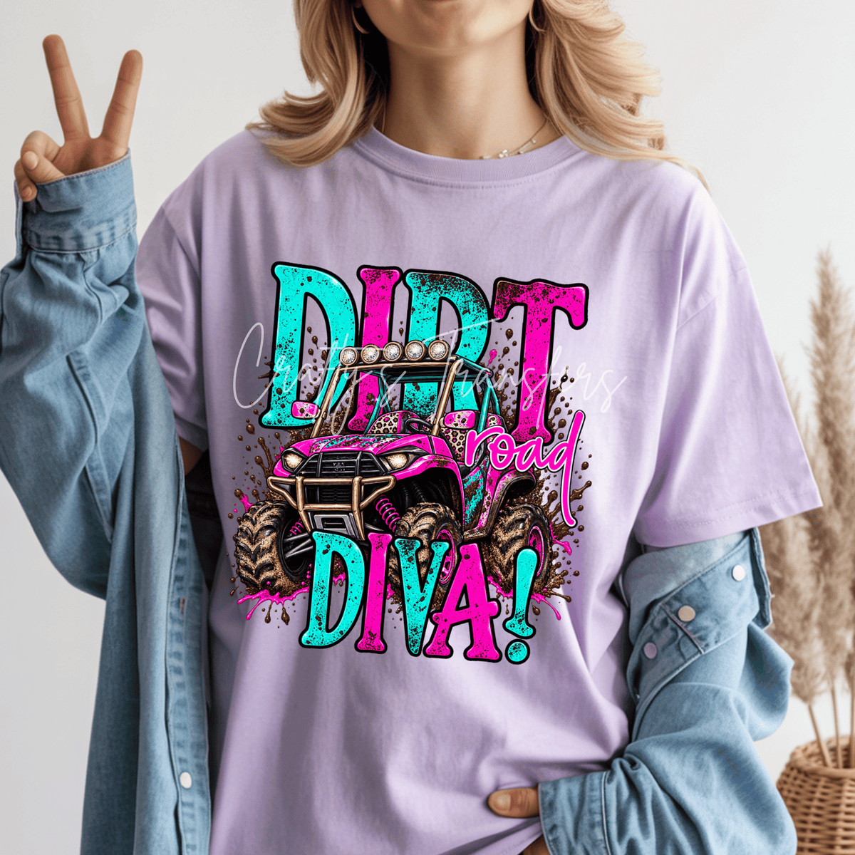 Dirt Road Diva DTF Transfer – Pink & Turquoise Off Road Girl Muddy Side by Side Design