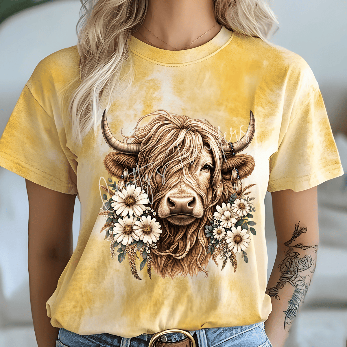 Floral Highland Cow DTF Transfer – Boho Western Cow with Daisies & Wildflowers