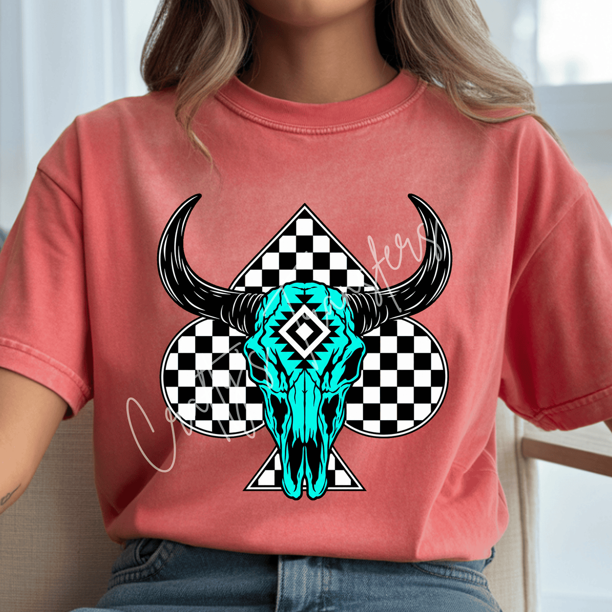Turquoise Steer Skull DTF Transfer – Black & White Checkered Western Cow Skull Design