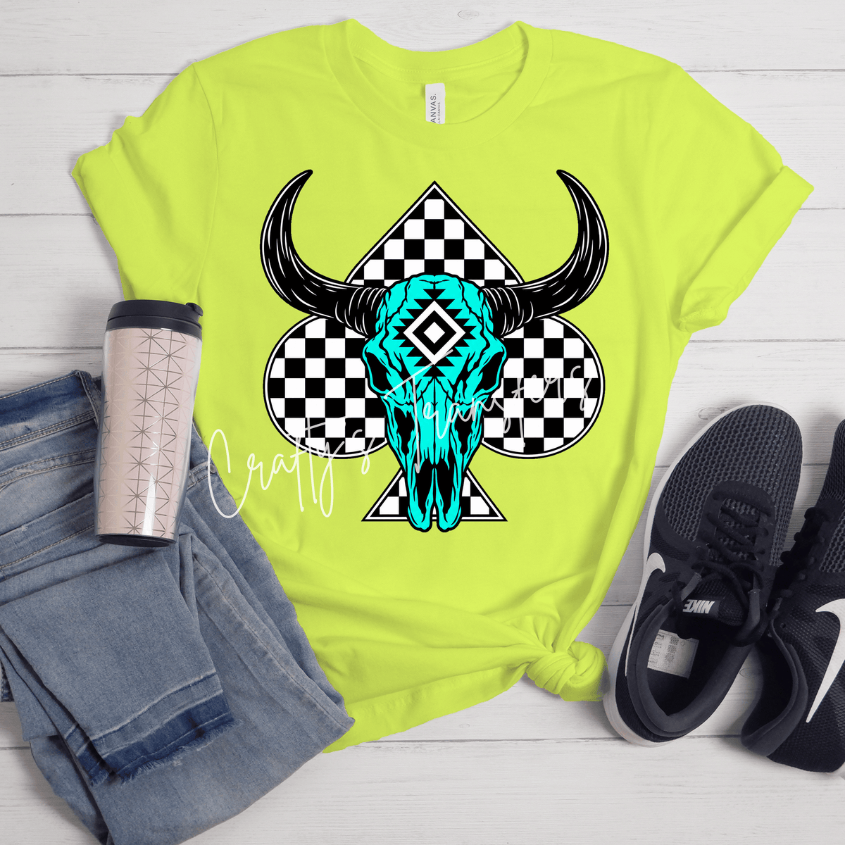 Turquoise Steer Skull DTF Transfer – Black & White Checkered Western Cow Skull Design