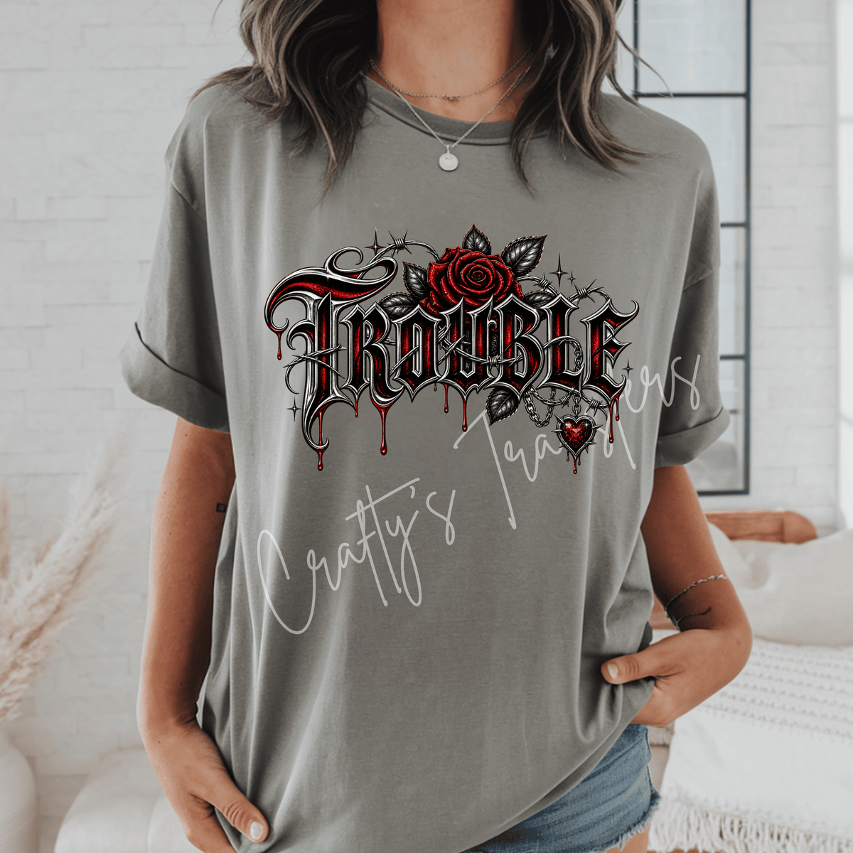 Trouble Gothic Rose DTF Transfer – Red & Black Alternative Tattoo Style Graphic