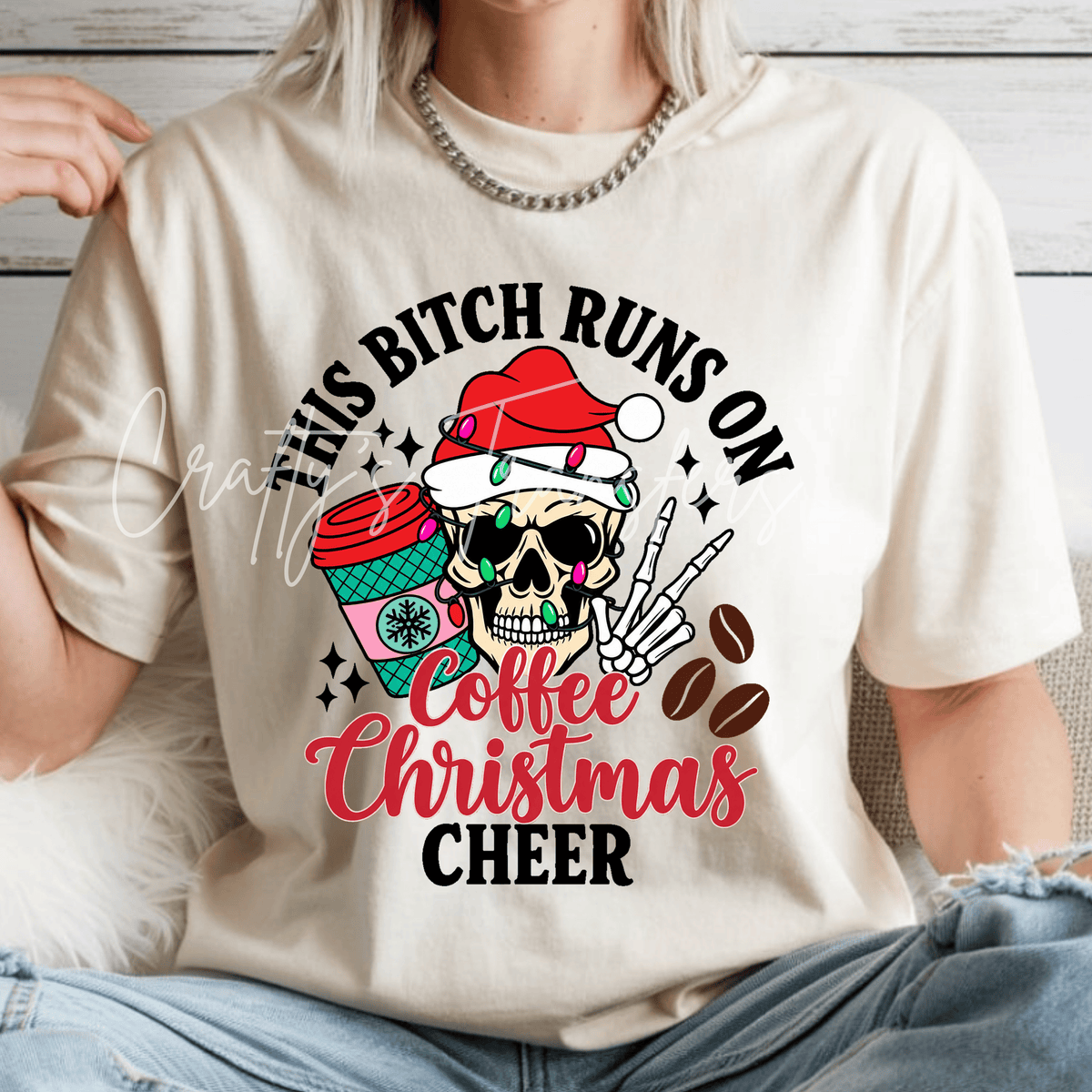 Coffee Christmas Cheer DTF Transfer – Funny Skeleton Santa Coffee Lover Holiday Design
