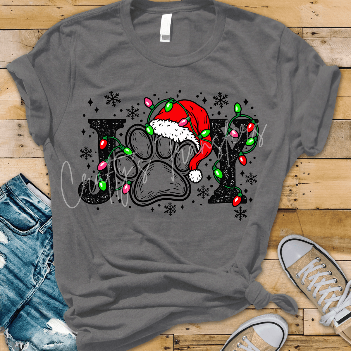 JOY Christmas Paw Print DTF Transfer – Santa Hat & Christmas Lights Holiday Design