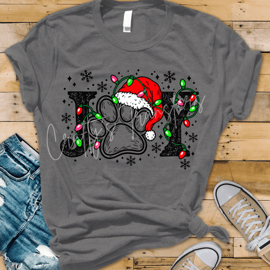 JOY Christmas Paw Print DTF Transfer – Santa Hat & Christmas Lights Holiday Design