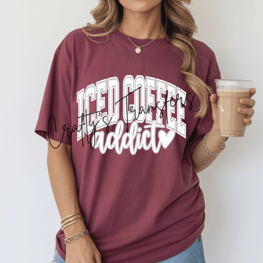 Iced Coffee Addict DTF Transfer – Collegiate Coffee Lover Graphic Design