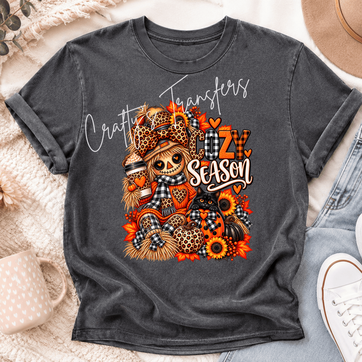 Cozy Season Scarecrow DTF Transfer – Leopard Pumpkin Fall Coffee Design