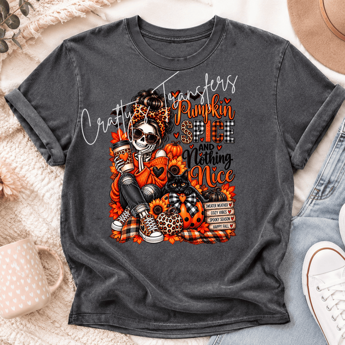 Pumpkin Spice & Nothing Nice DTF Transfer – Fall Skeleton Girl Black Cat Design