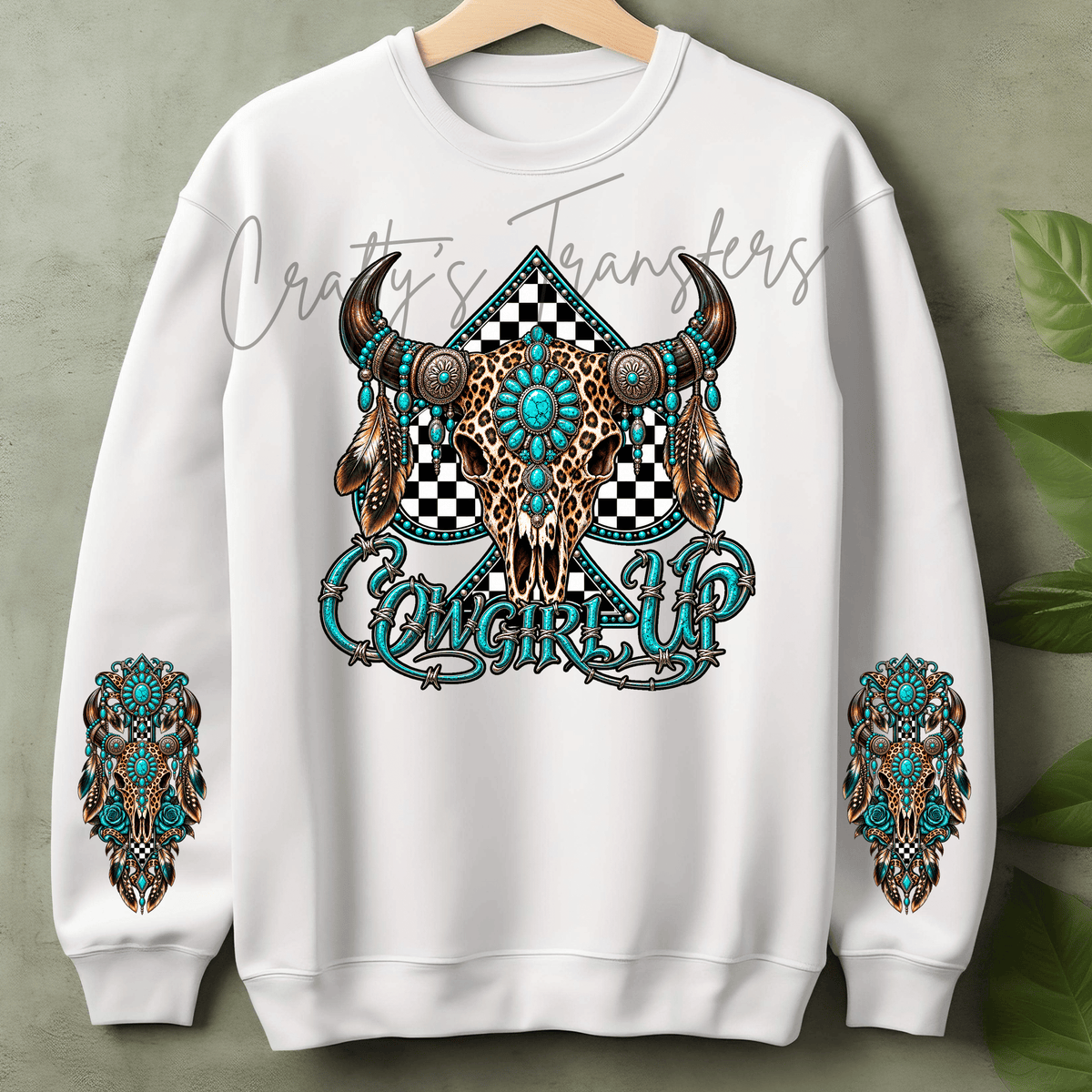 Cowgirl Western Skull DTF Transfer – Turquoise Leopard Steer Skull Design
