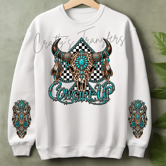 Cowgirl Western Skull DTF Transfer – Turquoise Leopard Steer Skull Design