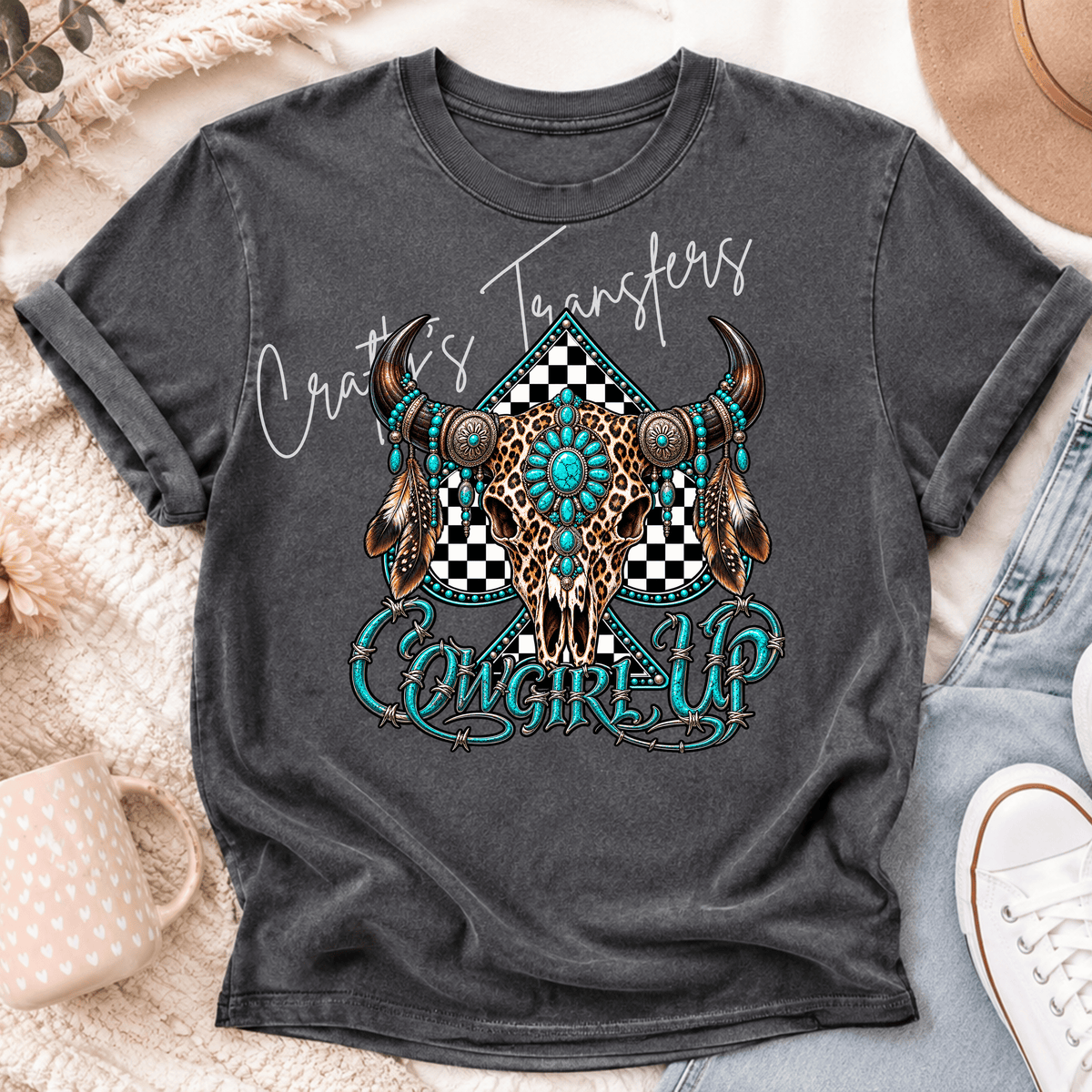 Cowgirl Western Skull DTF Transfer – Turquoise Leopard Steer Skull Design