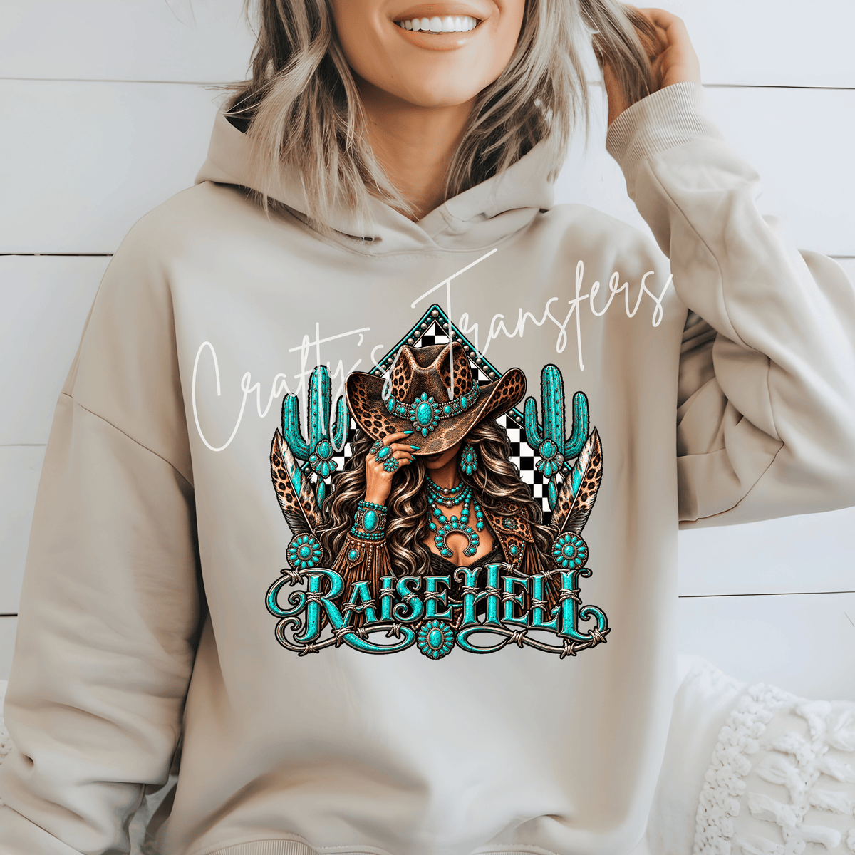 Raise Hell Cowgirl DTF Transfer – Turquoise Leopard Western Cowgirl Design