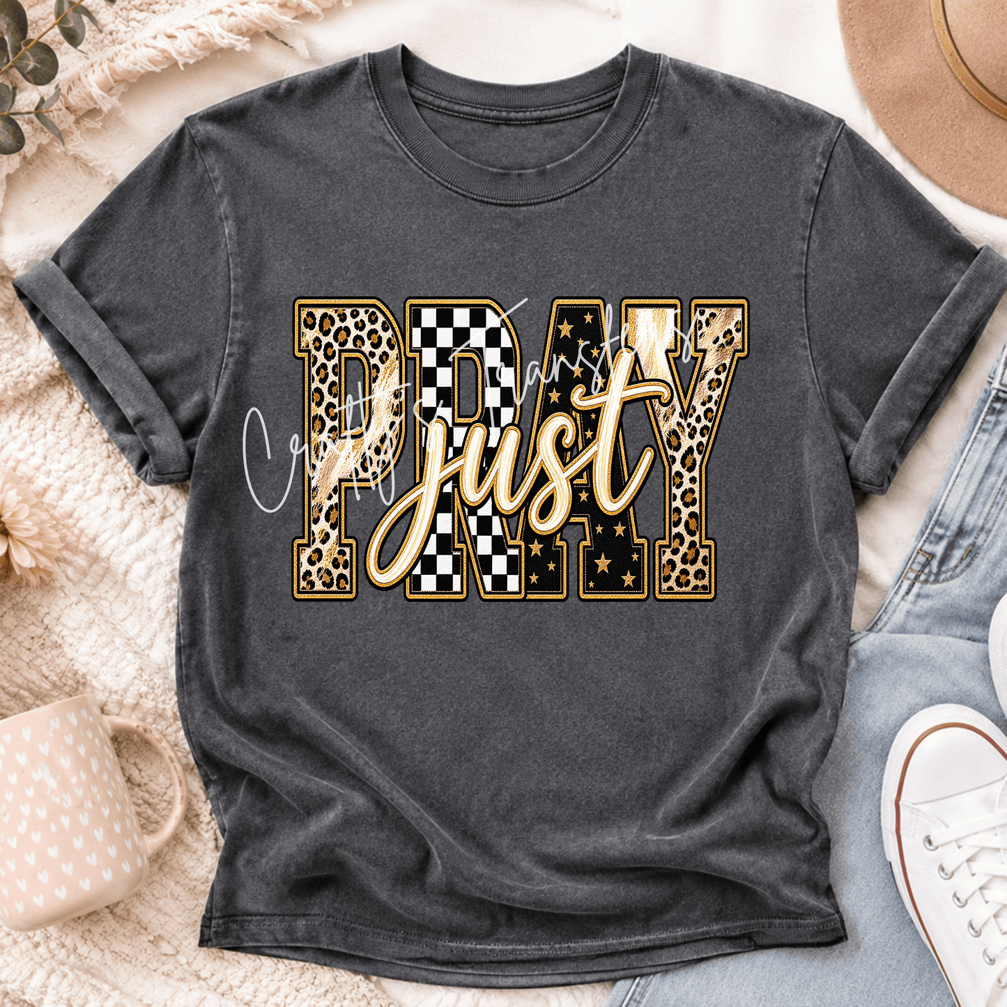 Just Pray DTF Transfer – Leopard Checkerboard Christian Shirt Design – Western Faith DTF