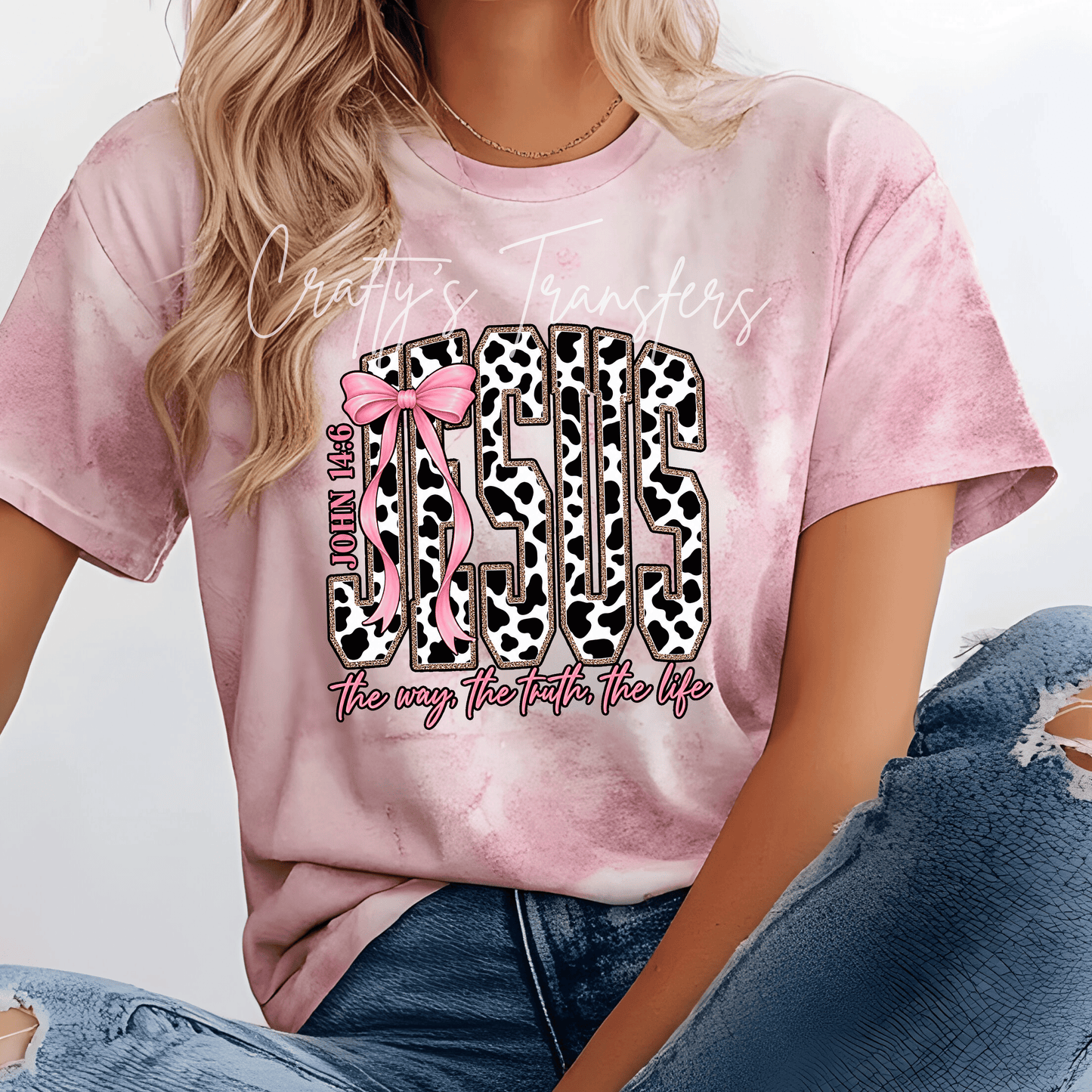 Jesus Cow Print Bow DTF Transfer – John 14:6 Christian Shirt Design – Pink Coquette Faith DTF