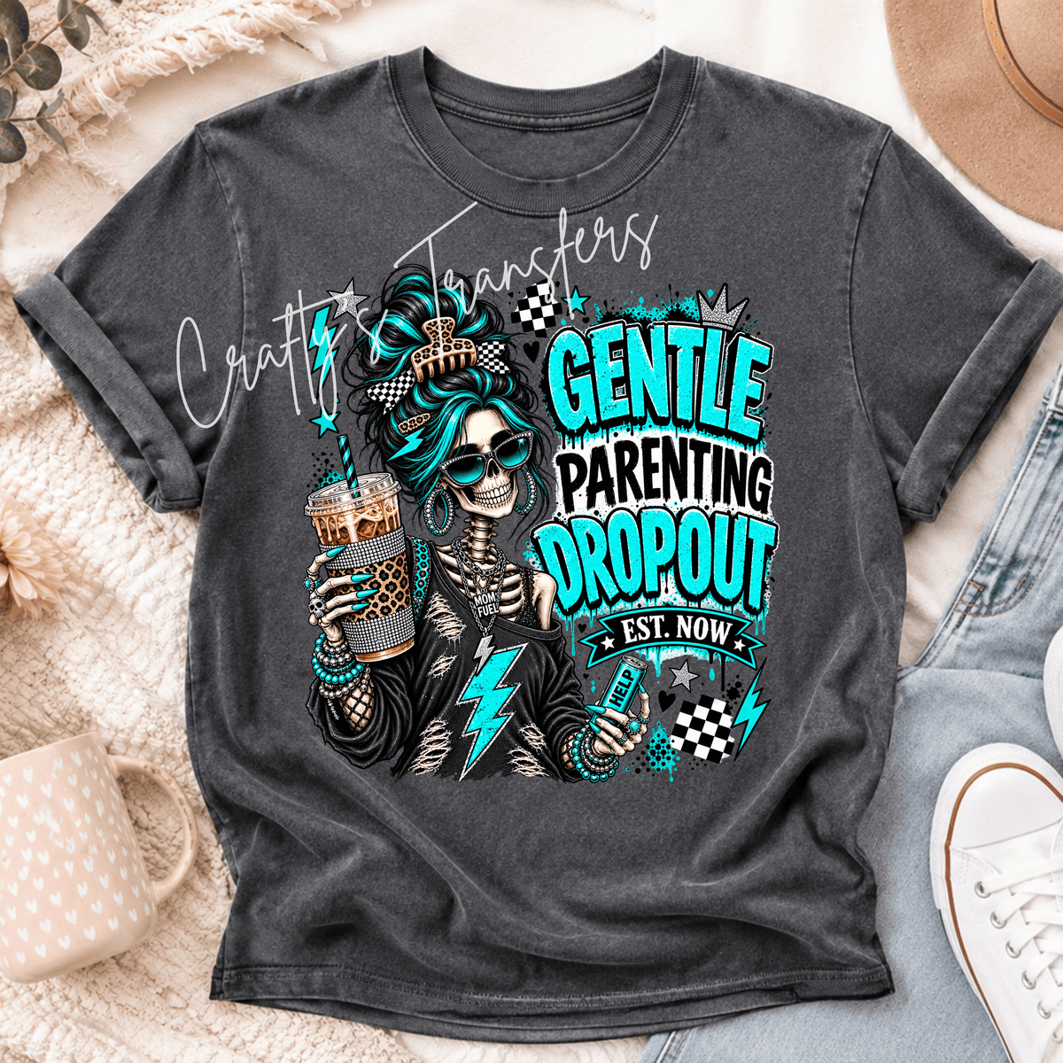 Gentle Parenting Dropout Skeleton Mom DTF Transfer – Turquoise Leopard Print Mom Shirt Design – Funny Parenting DTF