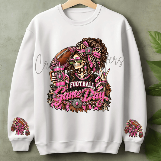 Pink Football Game Day Skeleton Girl DTF Transfer – Leopard Print Sports Shirt Design – Girly Football DTF