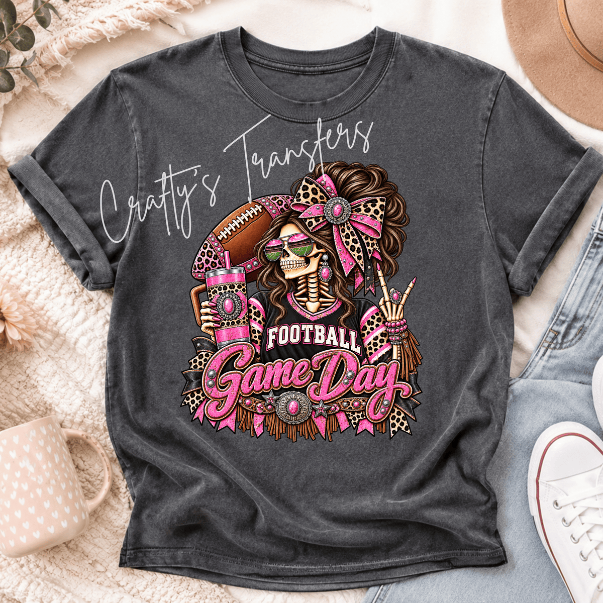 Pink Football Game Day Skeleton Girl DTF Transfer – Leopard Print Sports Shirt Design – Girly Football DTF