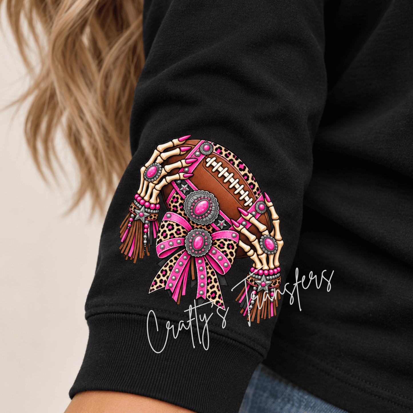 Pink Football Game Day Skeleton Girl DTF Transfer – Leopard Print Sports Shirt Design – Girly Football DTF