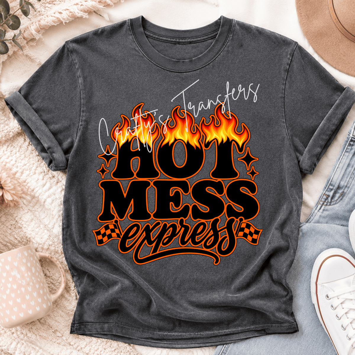 Hot Mess Express DTF Transfer – Flaming Checkered Flag Funny Retro Design