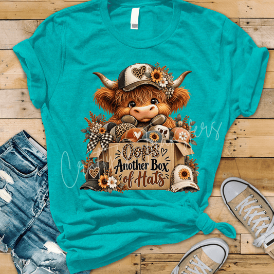Oops Another Box of Hats DTF Transfer – Cute Highland Cow Trucker Hat Lover Design