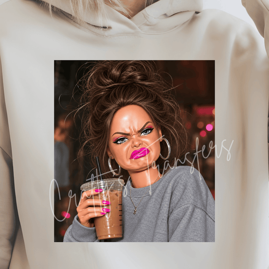 Sassy Brunette Iced Coffee DTF Transfer – Funny People Mood Graphic – Pink Girly Attitude Shirt Transfer