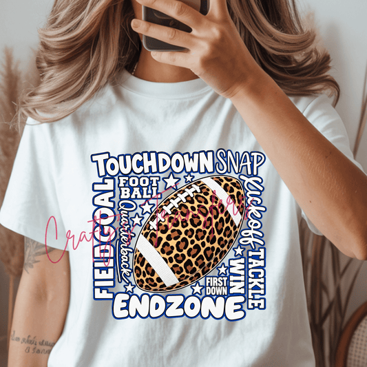 Leopard Football DTF Transfer – Game Day Typography Collage – Blue & White Football Shirt Transfer