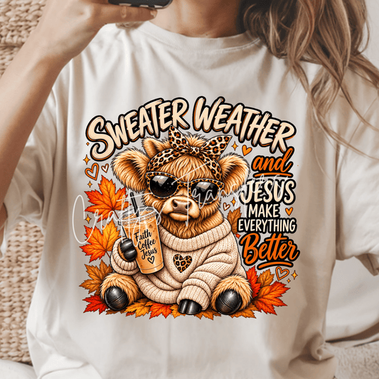 Faith Coffee Highland Cow Fall DTF Transfer – Christian Autumn Cow Graphic – Leopard Print Cozy Shirt Transfer
