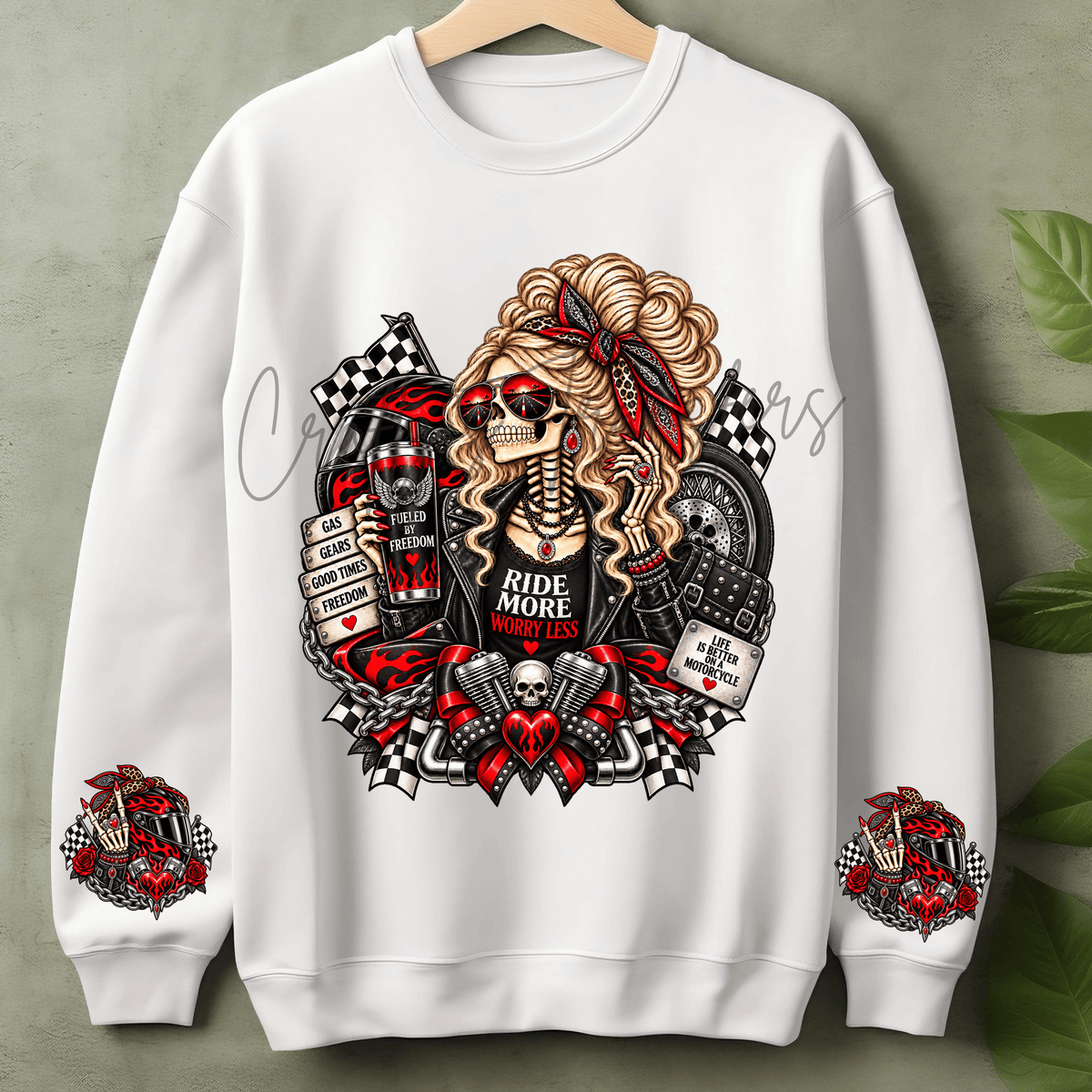 Motorcycle Skeleton Girl DTF Transfer – Red Black Biker Girl Shirt Design – Ride More Worry Less DTF