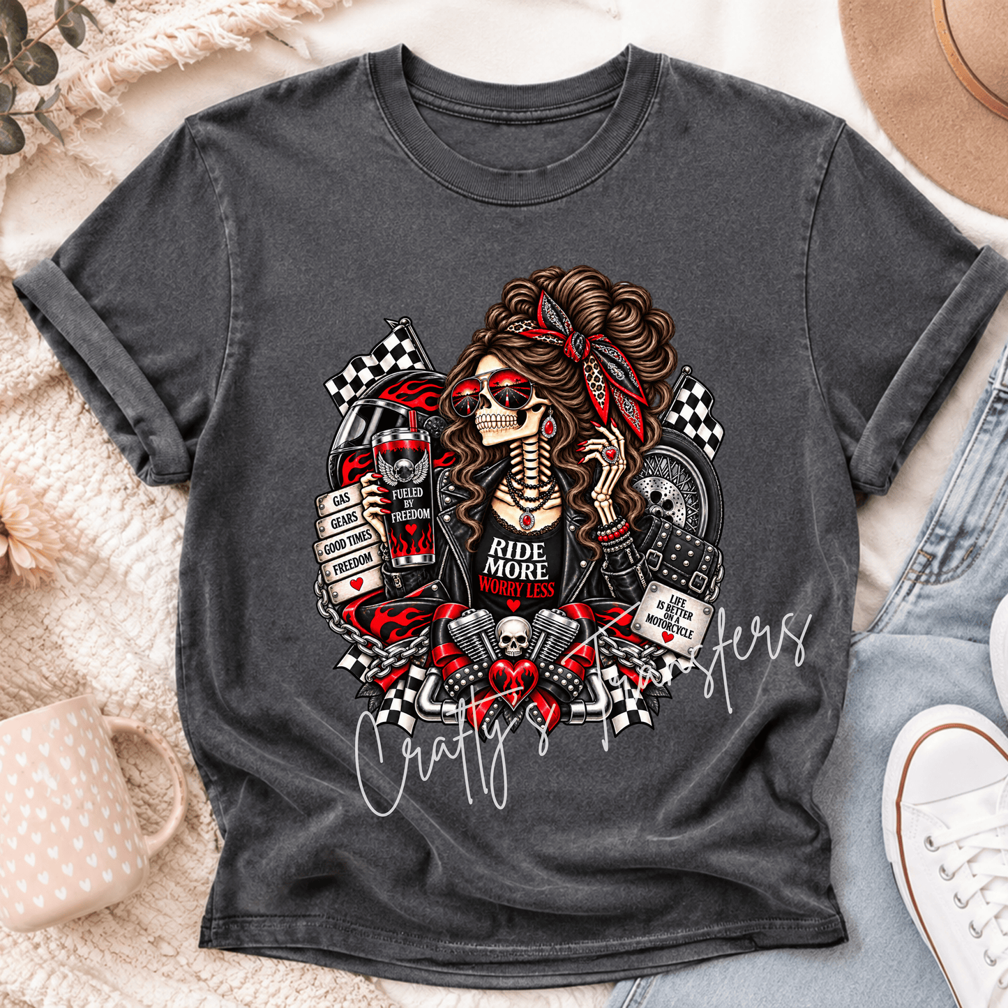 Motorcycle Skeleton Girl DTF Transfer – Red Black Biker Girl Shirt Design – Ride More Worry Less DTF