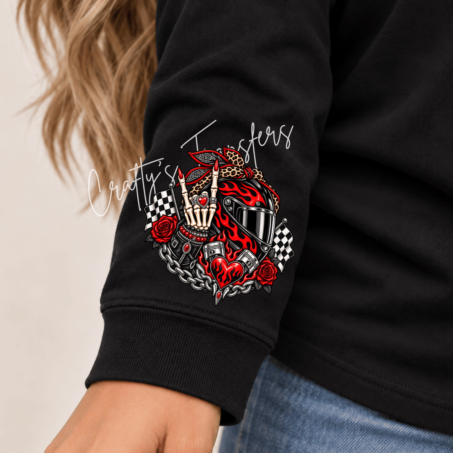 Motorcycle Skeleton Girl DTF Transfer – Red Black Biker Girl Shirt Design – Ride More Worry Less DTF