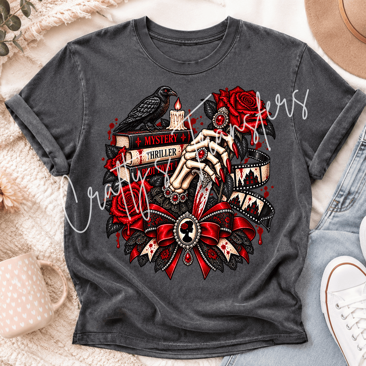 Mystery Thriller Book Lover DTF Transfer – Gothic Raven Skeleton Hand Shirt Design – Dark Romance Reader DTF