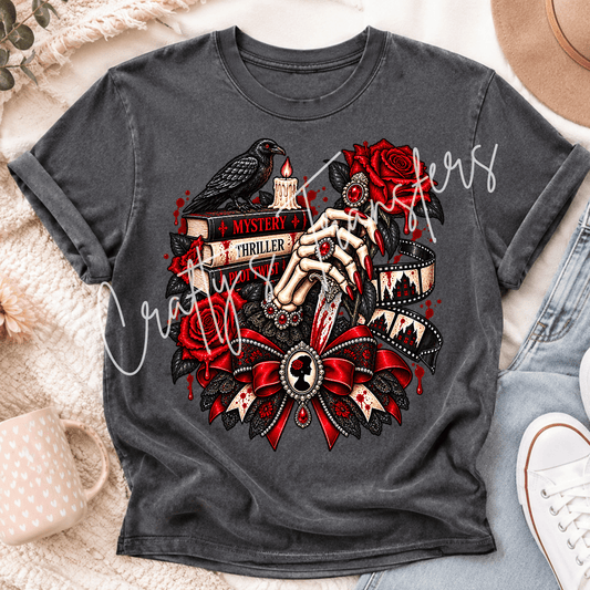 Mystery Thriller Book Lover DTF Transfer – Gothic Raven Skeleton Hand Shirt Design – Dark Romance Reader DTF