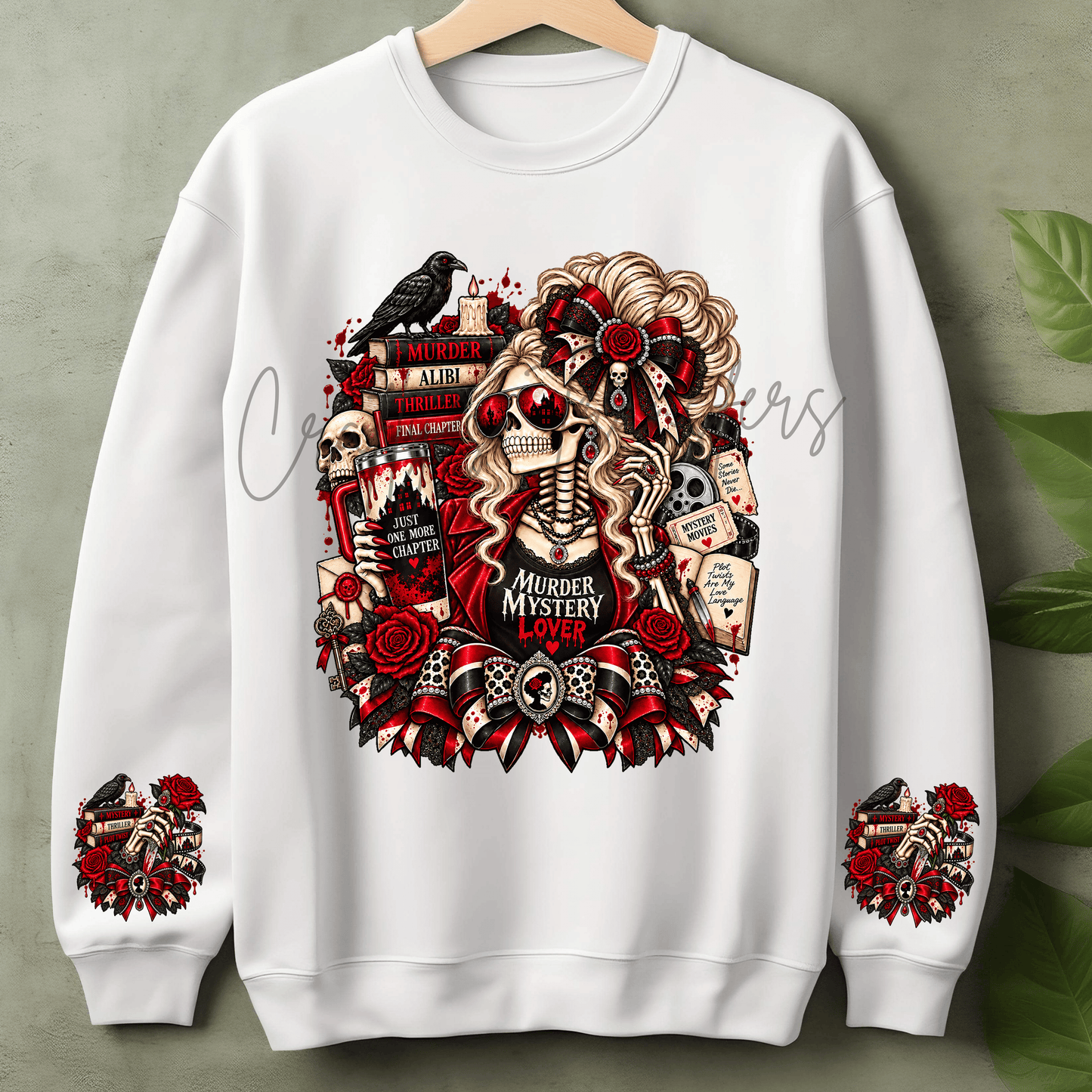 Murder Mystery Lover Skeleton Girl DTF Transfer – Red Black Gothic Book Lover Shirt Design – Mystery Reader DTF