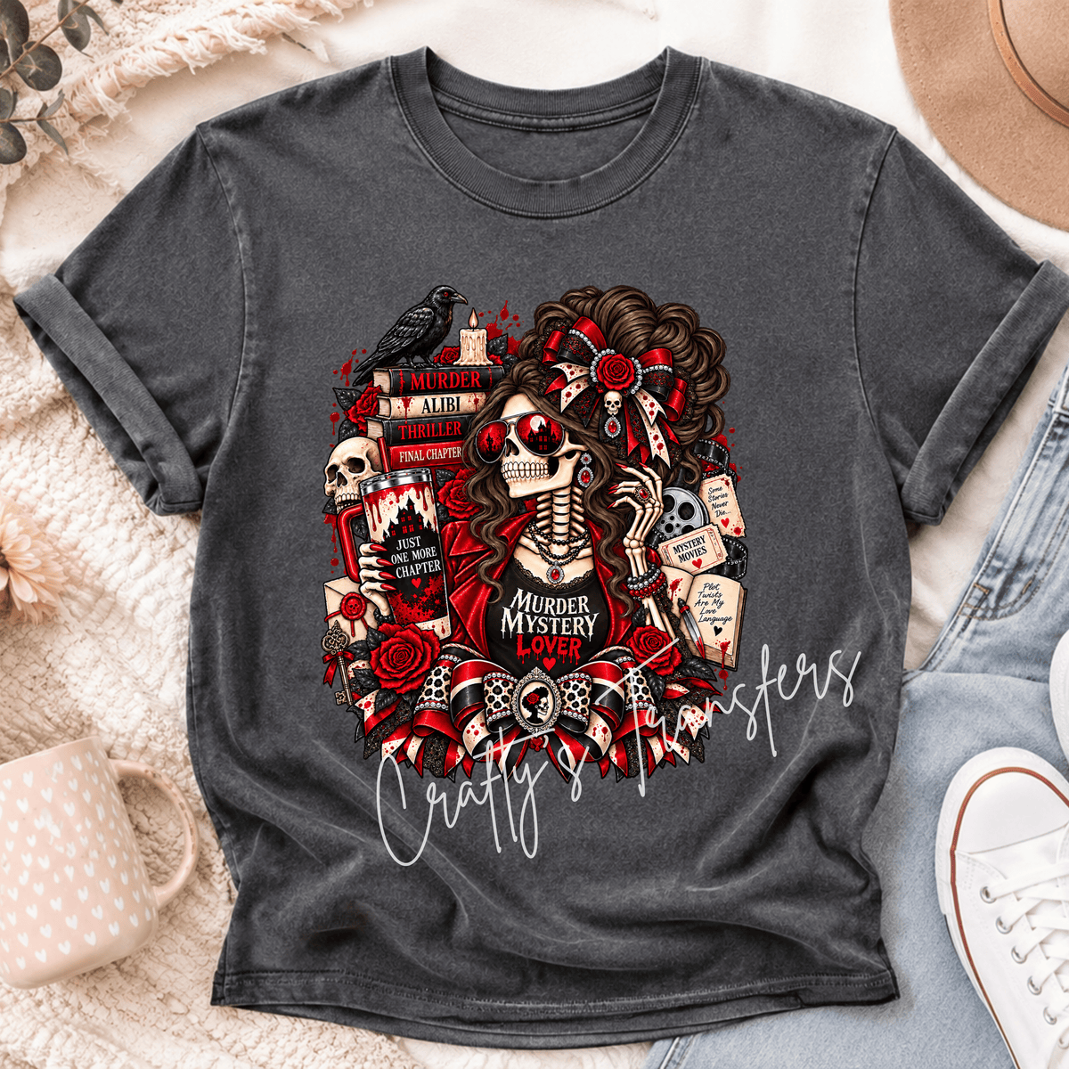 Murder Mystery Lover Skeleton Girl DTF Transfer – Red Black Gothic Book Lover Shirt Design – Mystery Reader DTF