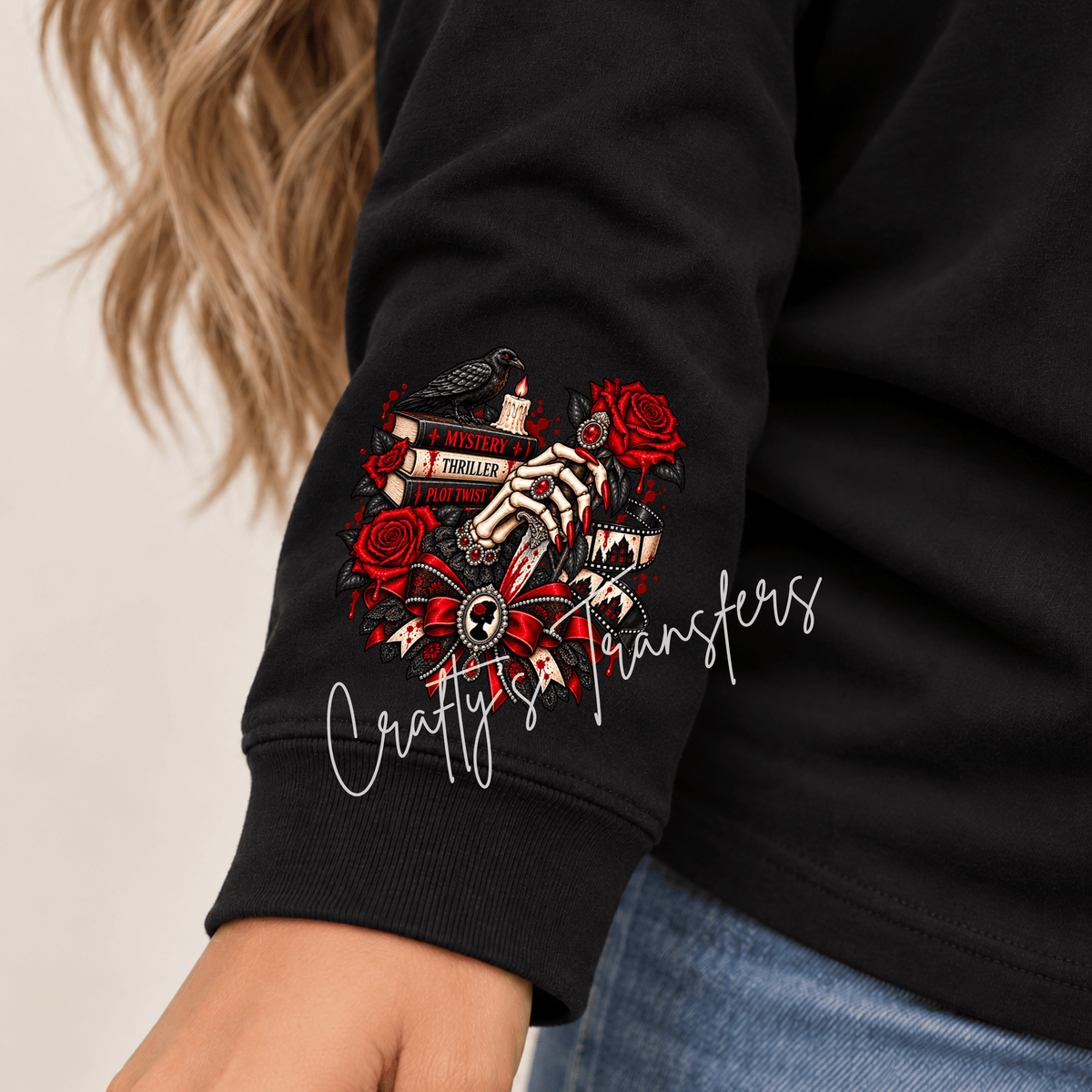Murder Mystery Lover Skeleton Girl DTF Transfer – Red Black Gothic Book Lover Shirt Design – Mystery Reader DTF
