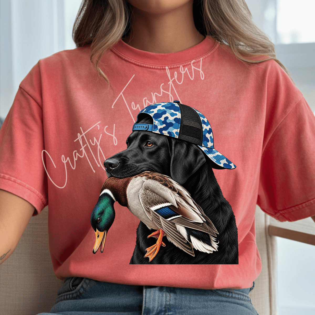 Black Lab Duck Hunting DTF Transfer – Hunting Dog with Blue Camo Hat Outdoors Design