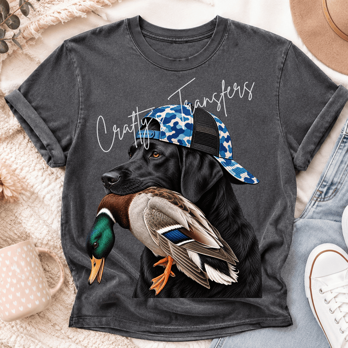 Black Lab Duck Hunting DTF Transfer – Hunting Dog with Blue Camo Hat Outdoors Design