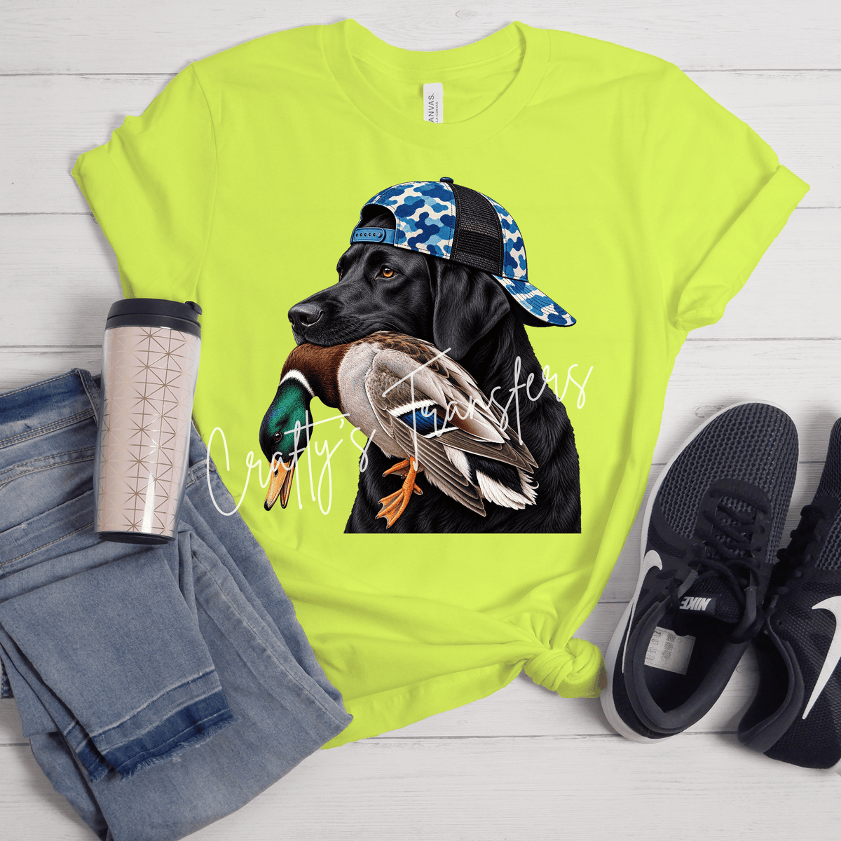 Black Lab Duck Hunting DTF Transfer – Hunting Dog with Blue Camo Hat Outdoors Design