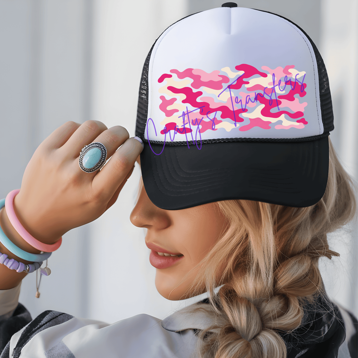 Pink Camo DTF Trucker Hat Patch
