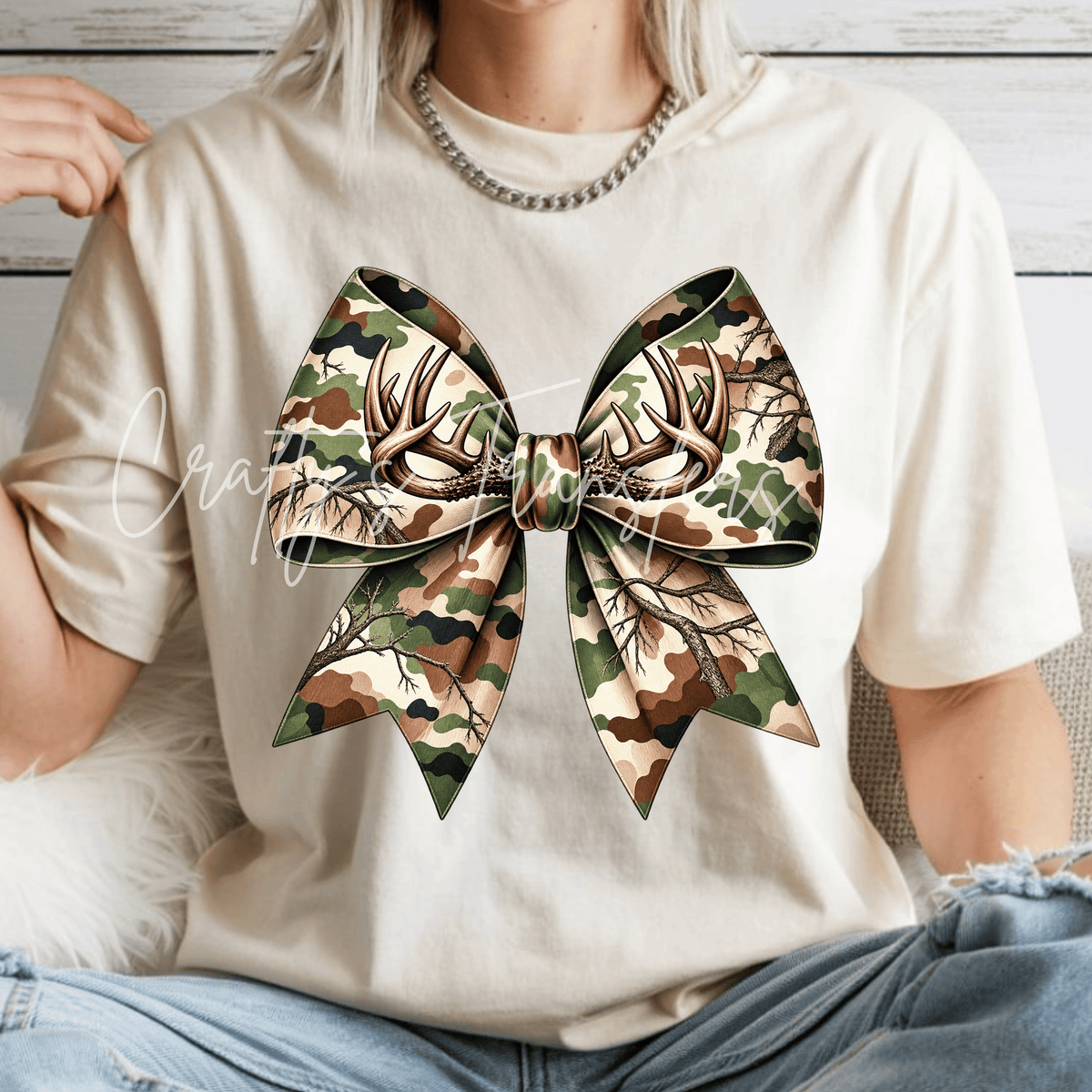 Camo Bow with Deer Antlers DTF Transfer – Hunting Girl Country Outdoor Design