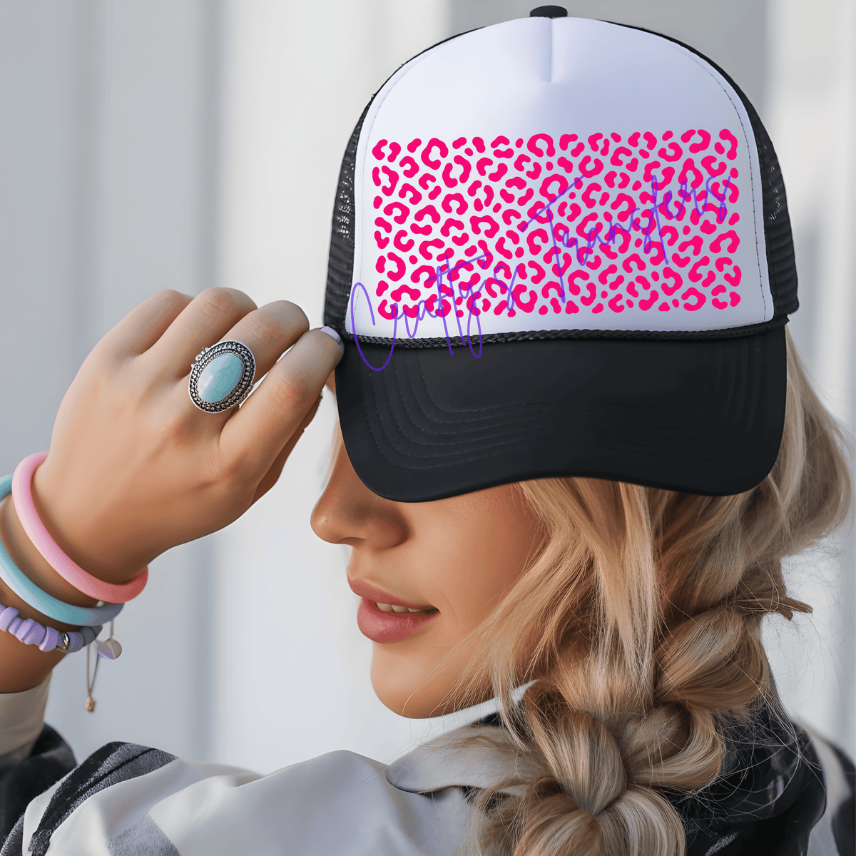 Pink Leopard Print DTF Trucker Hat Patch