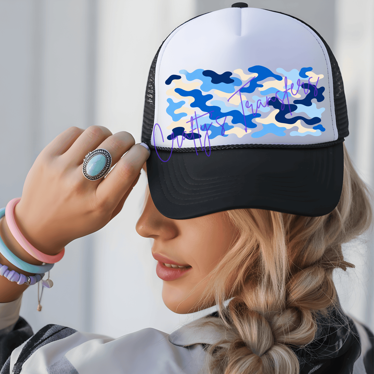 Blue Camo Print DTF Trucker Hat Patch