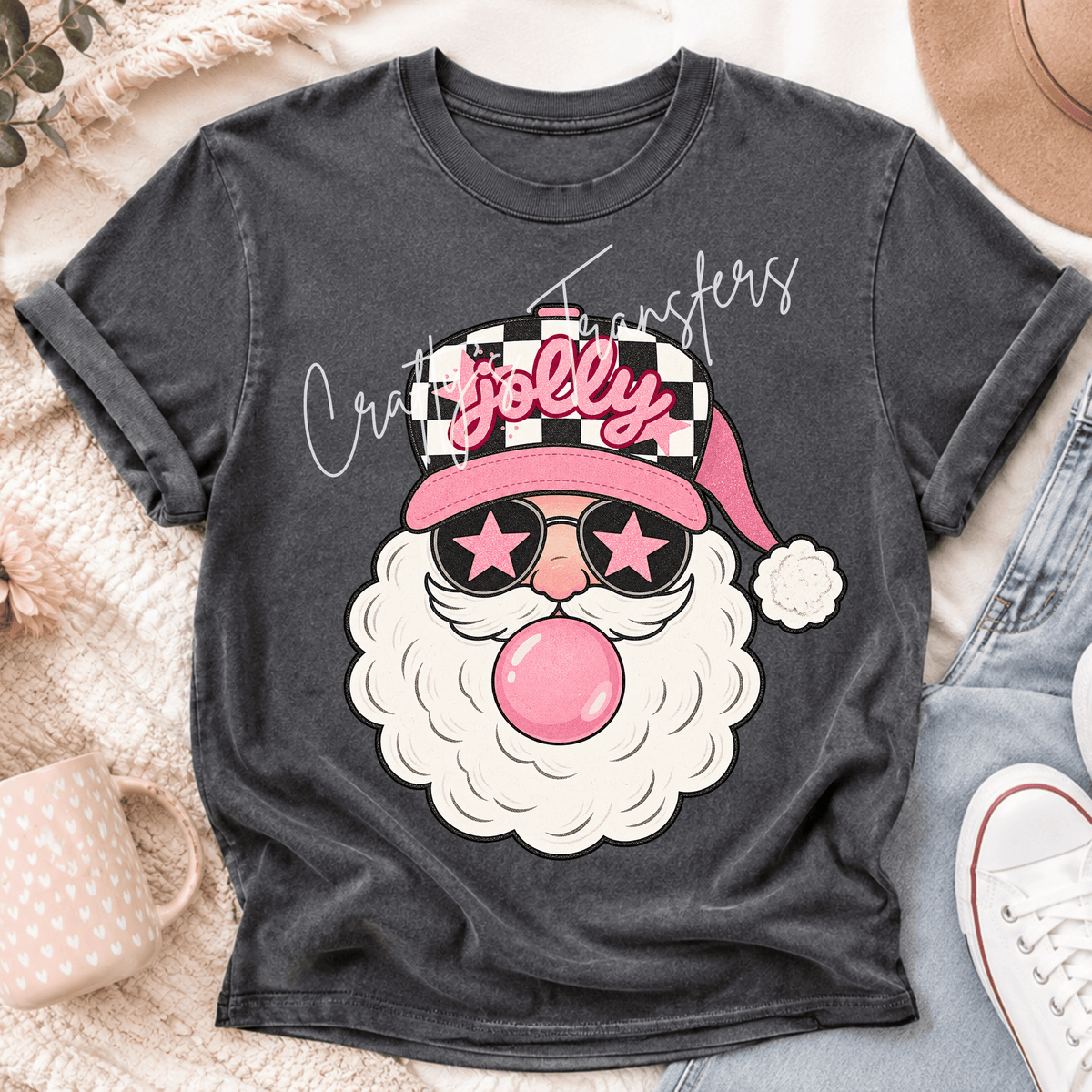 Jolly Pink Bubblegum Santa DTF Transfer – Retro Checkered Christmas Design