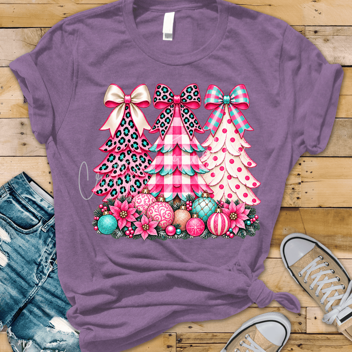 Pink Christmas Trees DTF Transfer – Leopard, Checkered & Polka Dot Holiday Design