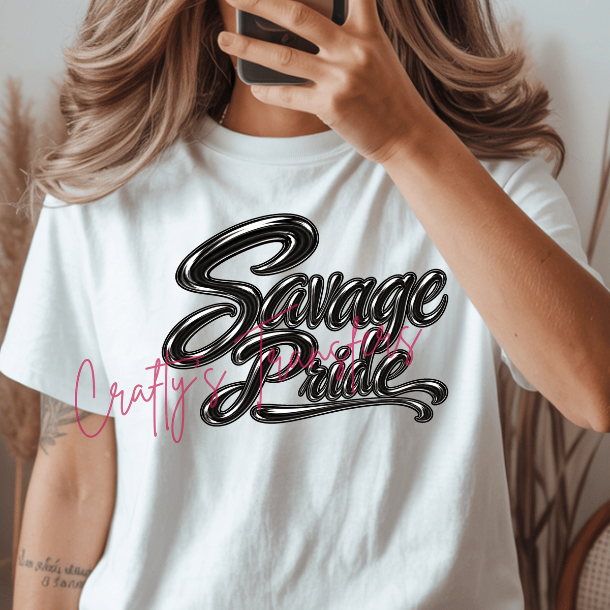 Savage Pride Chrome Script DTF Transfer – Bold Black Metallic Statement Design