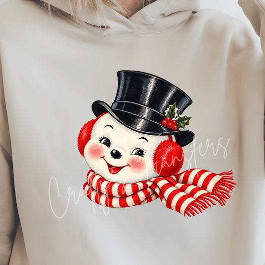 Vintage Snowman DTF Transfer – Retro Christmas Snowman with Top Hat & Striped Scarf
