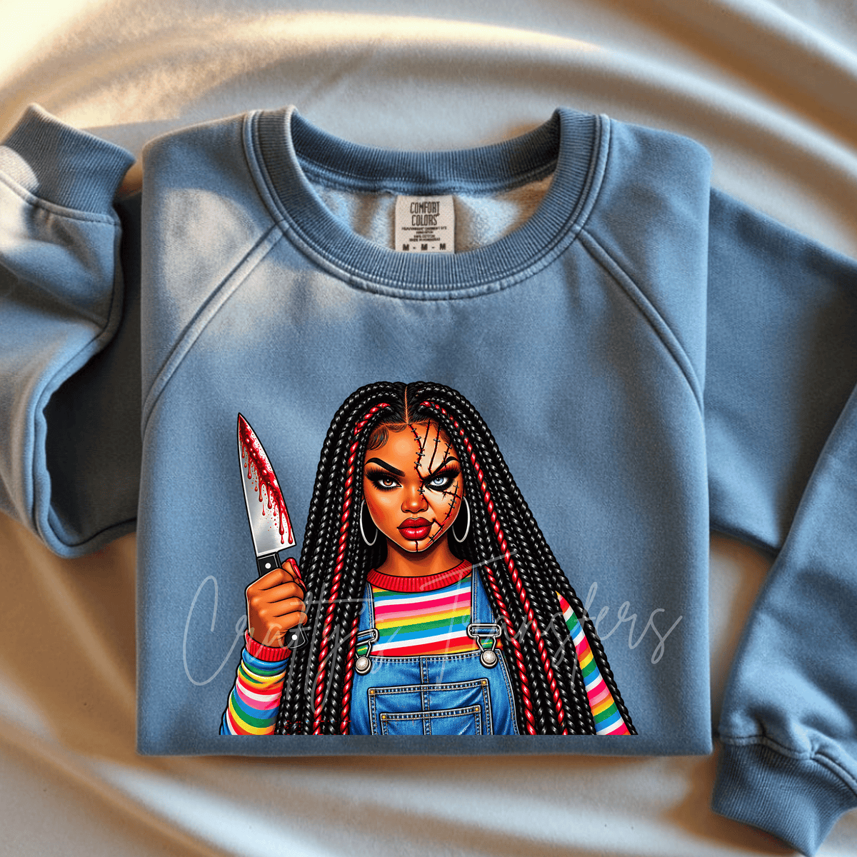 Killer Doll Inspired Horror Girl DTF Transfer – Braided Halloween Slasher Design