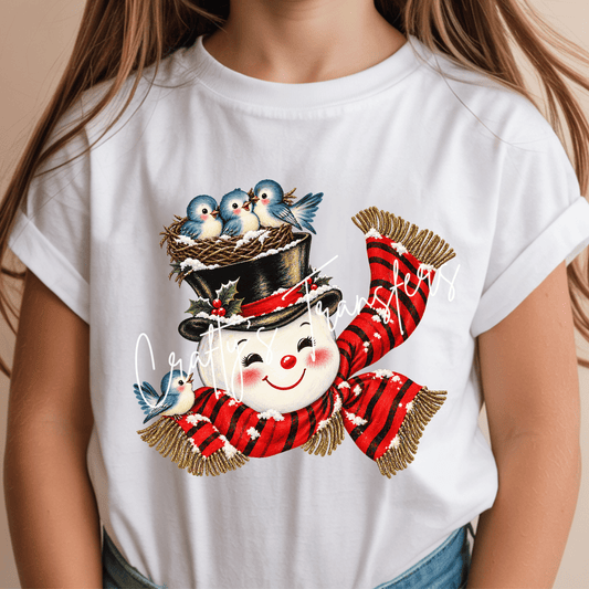 Vintage Snowman & Bluebirds DTF Transfer – Retro Christmas Winter Holiday Design