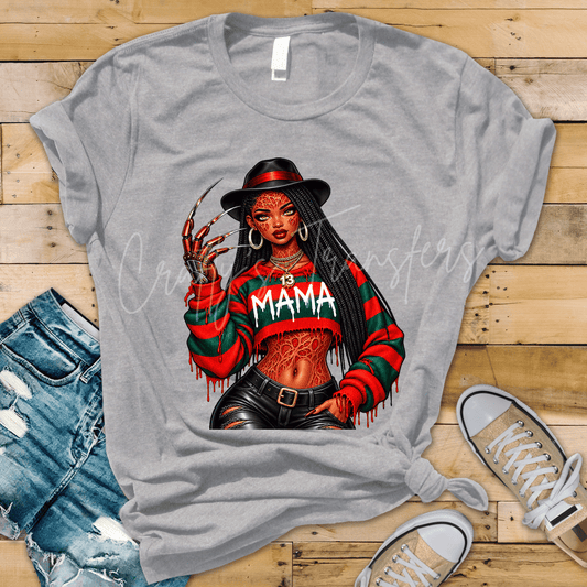 Nightmare Mama Horror Girl DTF Transfer – Spooky Red & Green Halloween Mom Design