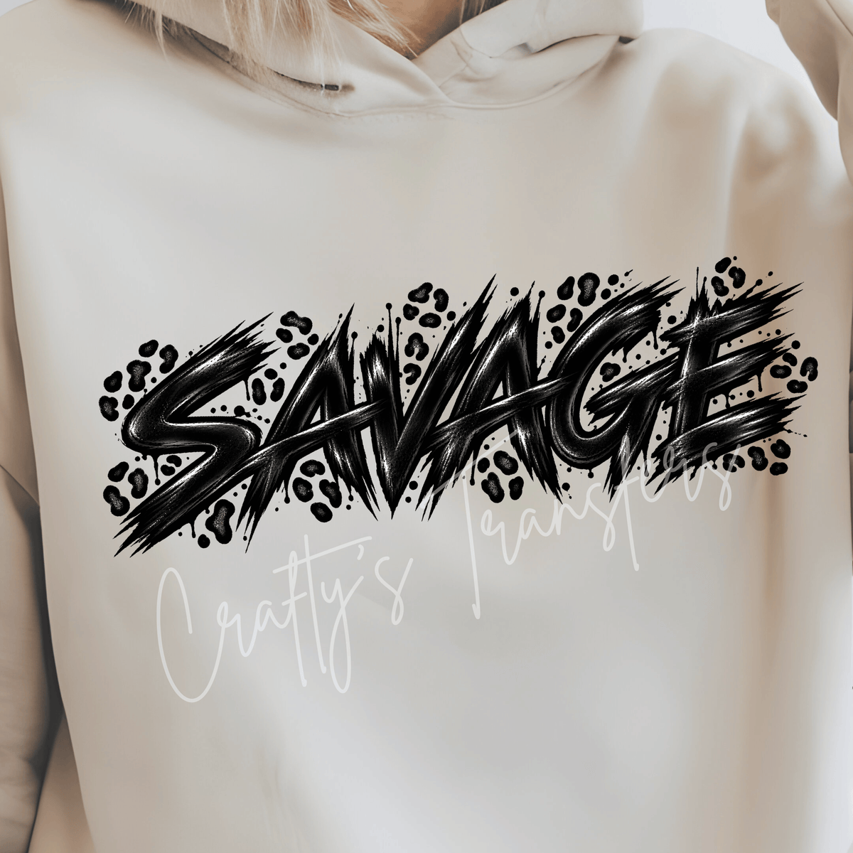 Savage Black Leopard DTF Transfer – Bold Gothic Animal Print Word Design